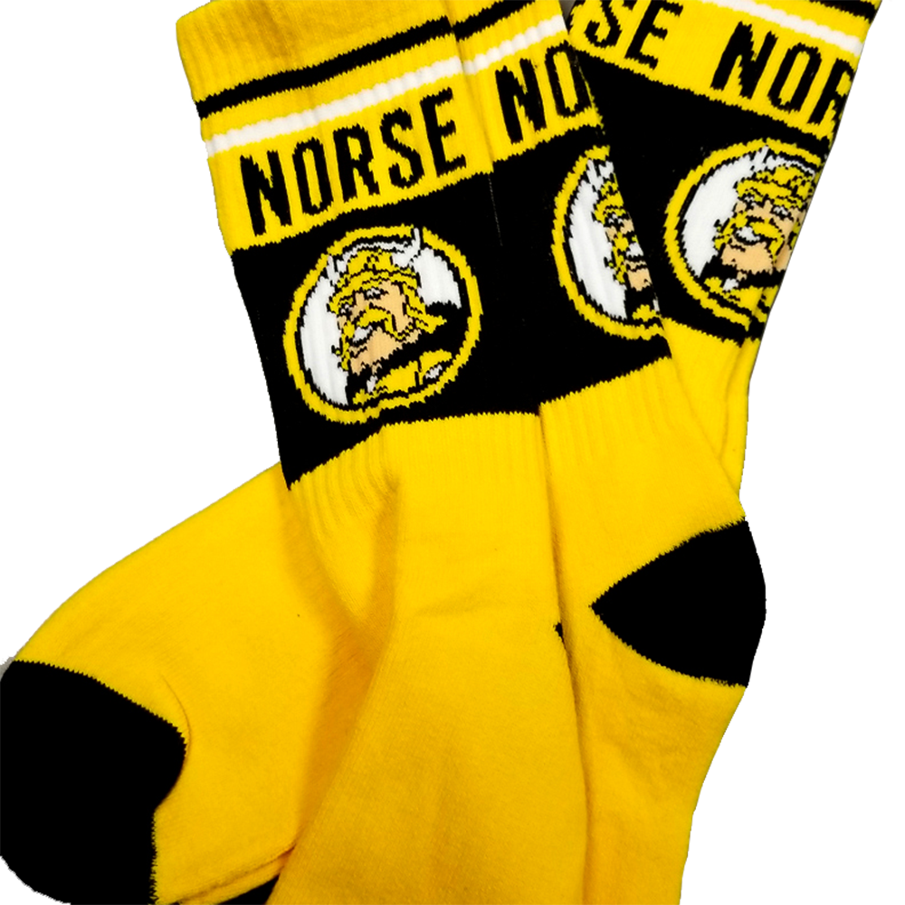 Entirely custom NKU Victor E Viking mascot socks