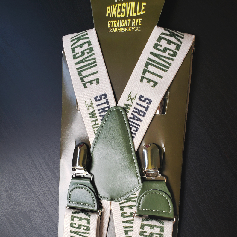 Suspenders decorated to say 'Pikesville Straight Rye Whiskey'along the straps.